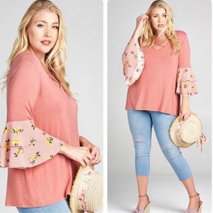 Plus Size Pink Scoop Neck Top with Patterned Tiered Angel Sleeves, 2X